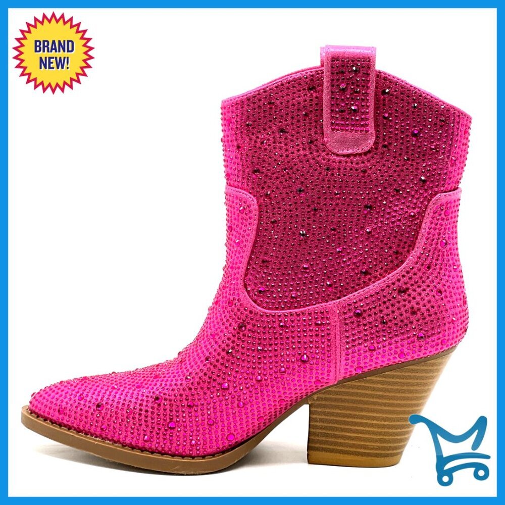 Rhinestone Block Heel Ankle Boots Size 7, Rubber Sole, 2-Inch Heel